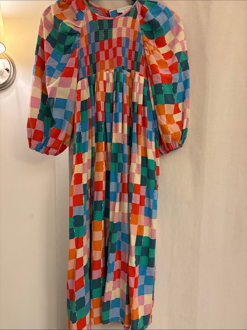 Stella McCartney Kids Rainbow Checkerboard Puff-Sleeve Dress